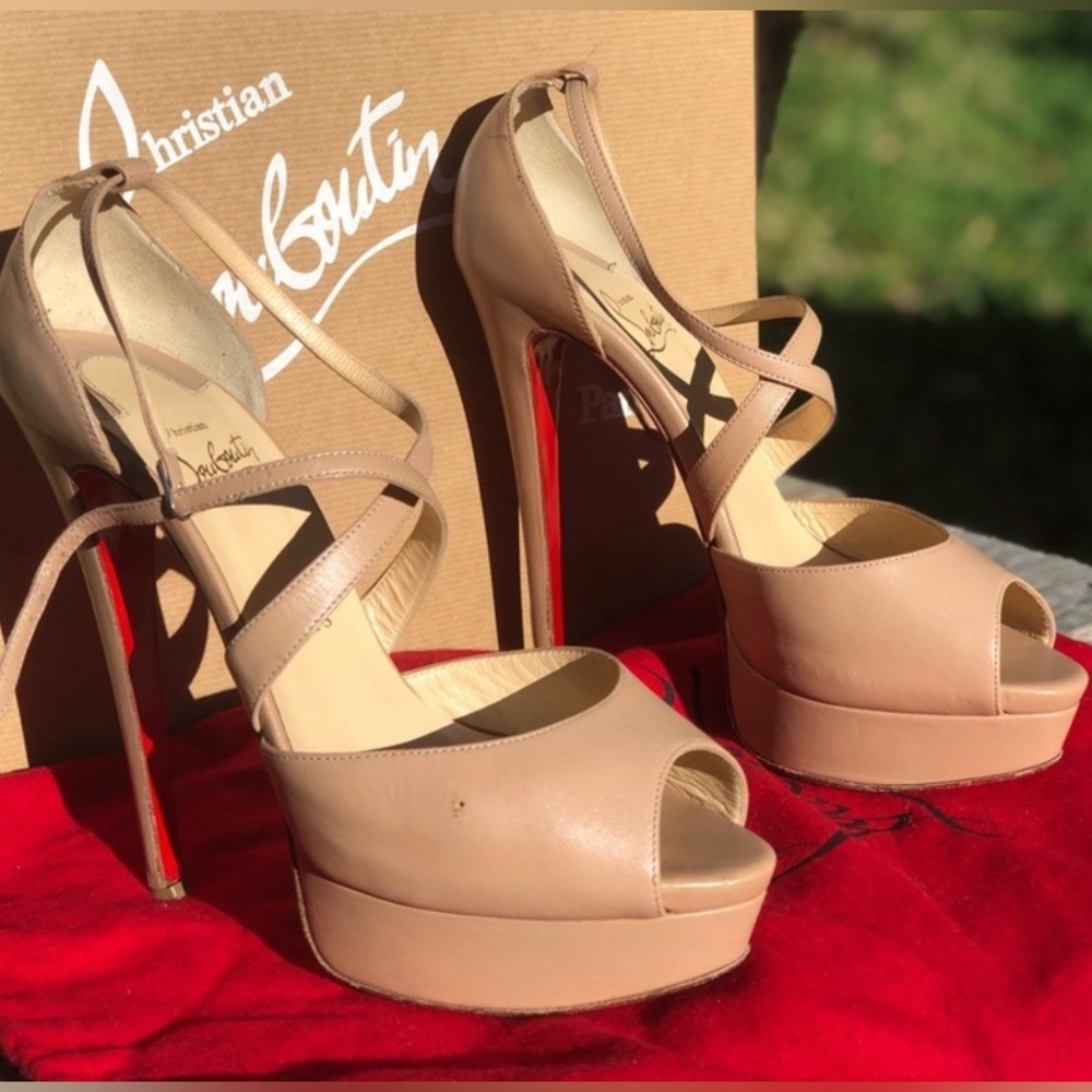 Christian Louboutin 38.5 Nude Cross Me 150mm Kid Leather Platform Heels